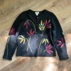 Talbots - Wool Cardigan - Women's US Small - Grey with Painted Floral Details